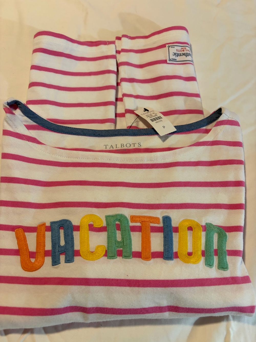 Talbots authentic White and Pink Striped Shirt W/Multicolor Embroidery NEW /TAG!